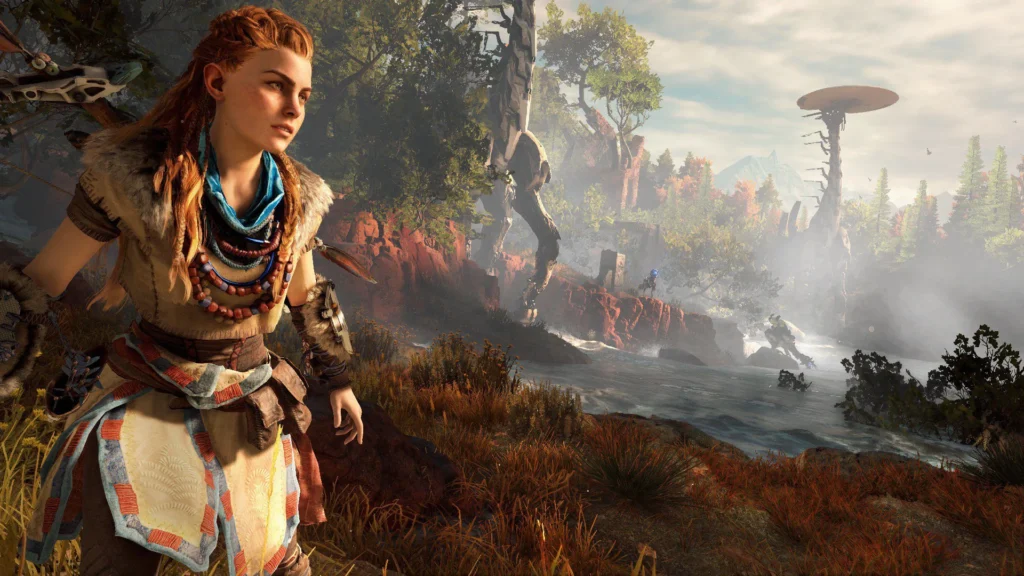 El trágico y glorioso mes de Sony. PlayStation, espabila y date cuenta 4 Aloy, del videojuego Horizon de PlayStation, caminando por el bosque, explorando un mundo lleno de naturaleza y aventuras.