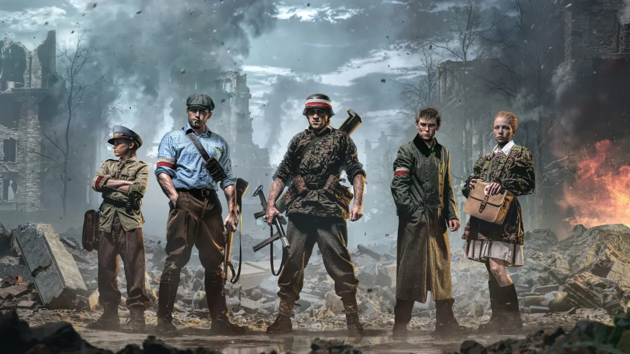 Porta de un juego de sigilo llamado 63 Days donde vemos al grupo protagonista posar a la cámara ante un escenario desolado por una guerra.