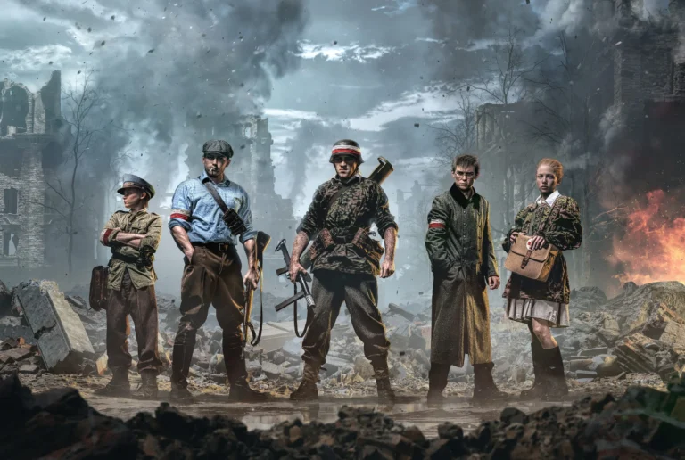 Porta de un juego de sigilo llamado 63 Days donde vemos al grupo protagonista posar a la cámara ante un escenario desolado por una guerra.