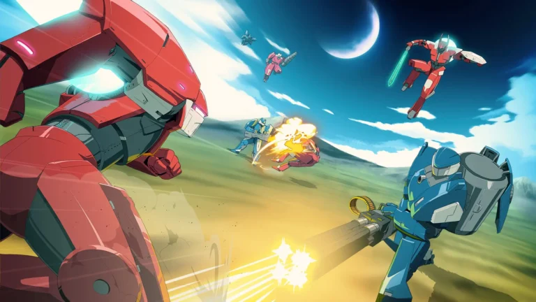 Juegos de guerra por turnos: Portada de Warborn donde un meca azul ataca a uno rojo que intenta esquivar su disparo.