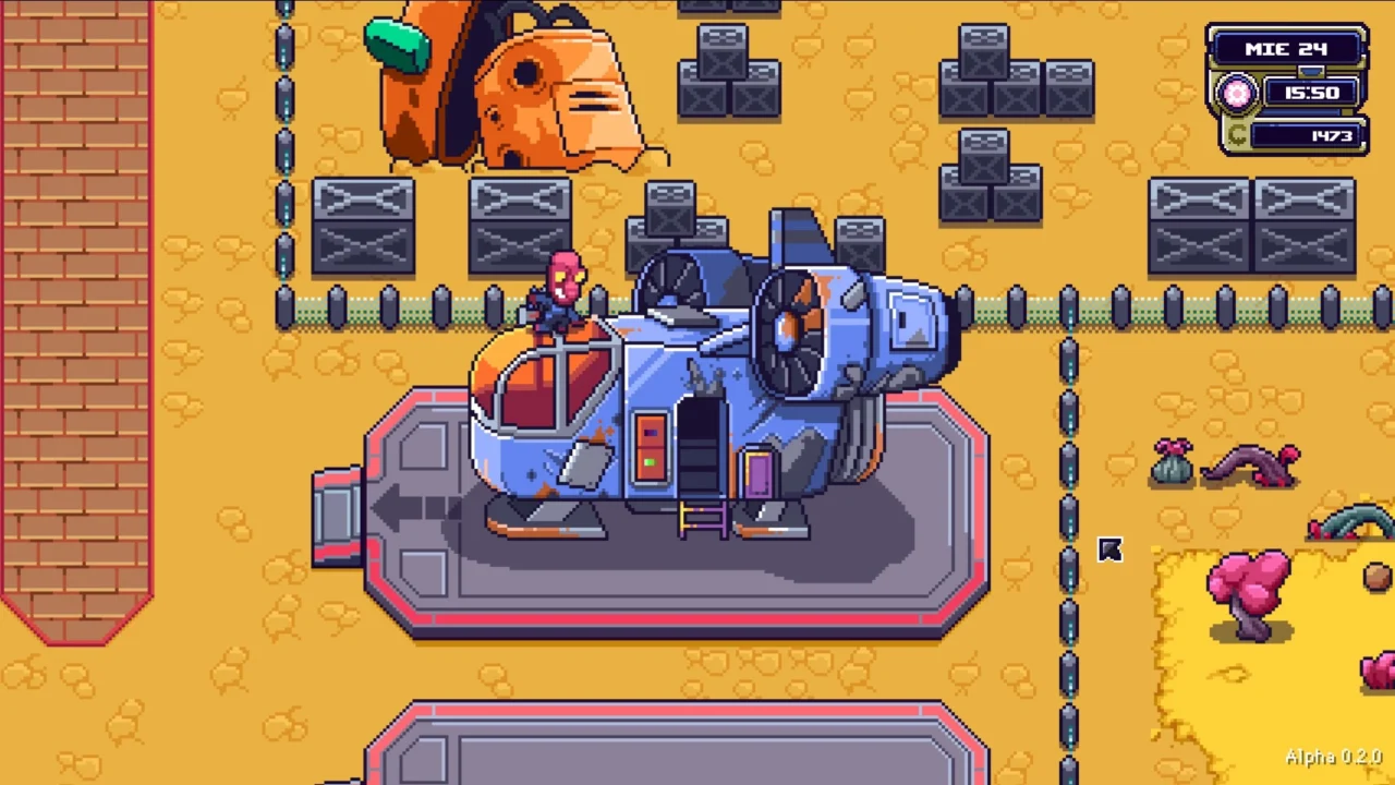 Un alien está trabajando sobre una nave, todo ello en pixel art. La nave está en una especie de muelle de carga en una ciudad con tonalidades amarillas.