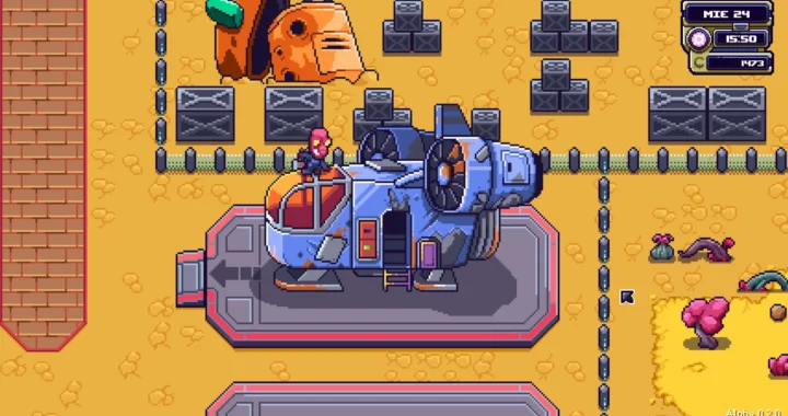 Un alien está trabajando sobre una nave, todo ello en pixel art. La nave está en una especie de muelle de carga en una ciudad con tonalidades amarillas.