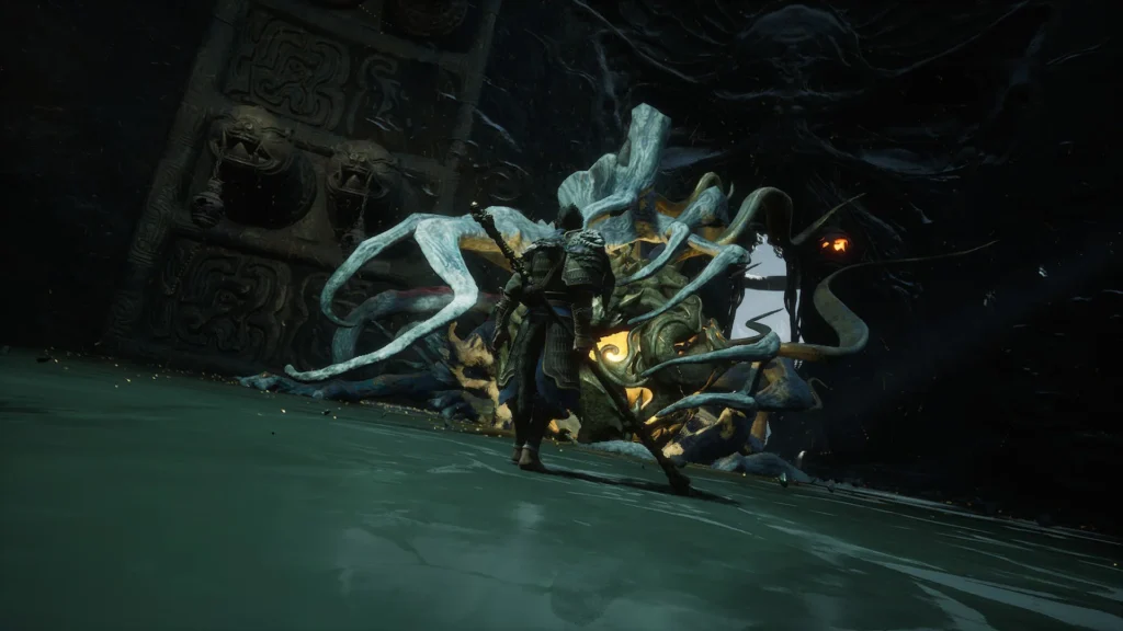 Black Myth Wukong es un juego desafiante, como así se muestra en esta imagen donde el protagonista deben enfrentar a un jefe de proporciones diablescas.