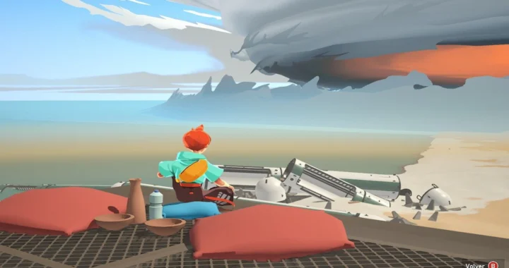 La protagonista de Caravan SandWitch está sentada en unos cojines en un entorno industrial y mira un enorme huracán de energía.