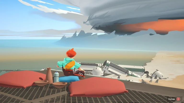 La protagonista de Caravan SandWitch está sentada en unos cojines en un entorno industrial y mira un enorme huracán de energía.