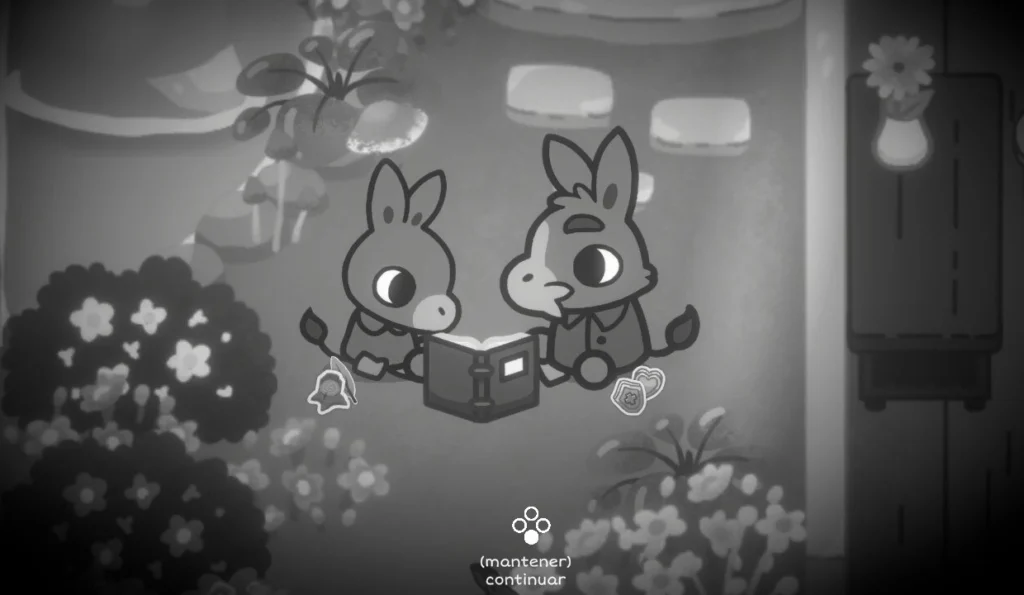 Análisis de A Tiny Sticker Tale 4 Otto, el protagonista de A Tiny Sticker Tale, con su padre jugando a colocar pegatinas en un álbum. Está todo en blanco y negro porque es un recuerdo.