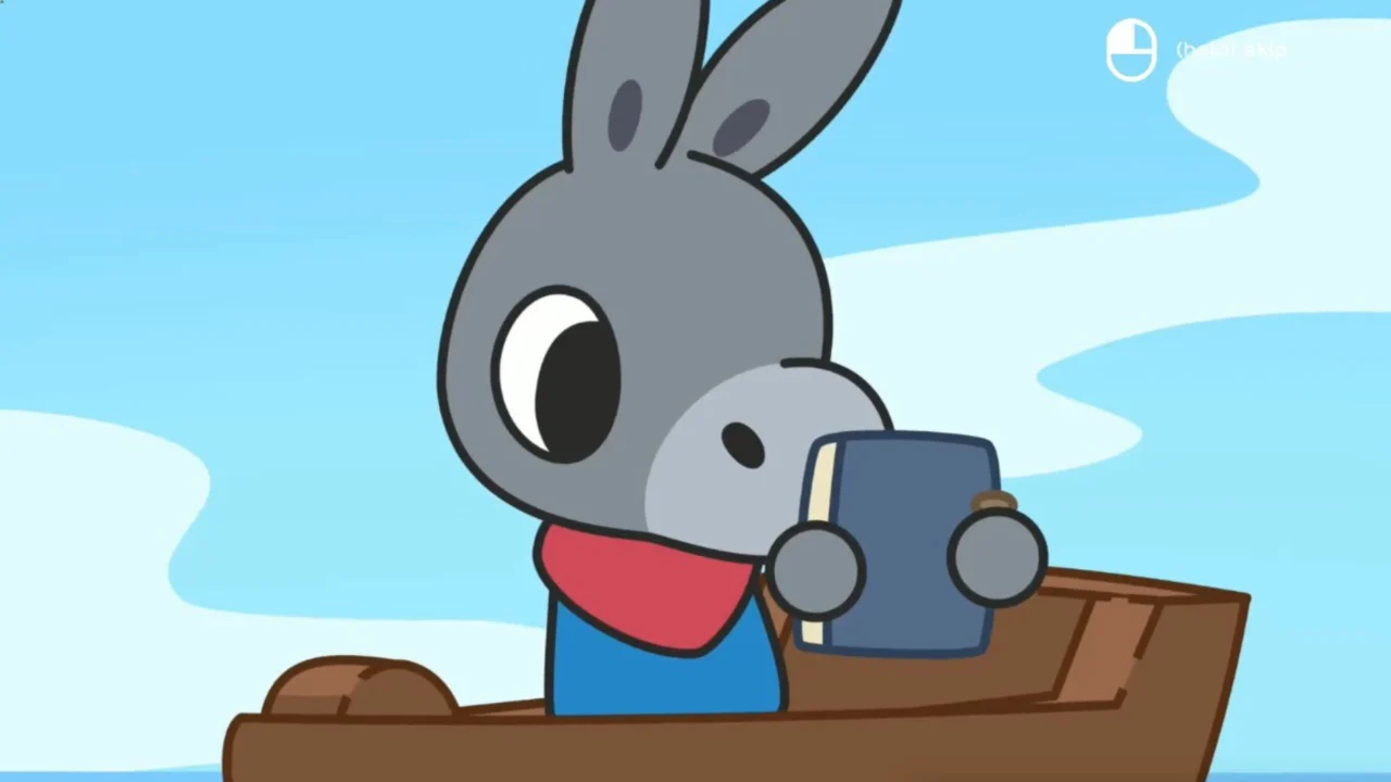 Otto, un burrito, mira un álbum con cariño. Está subido en una barca.