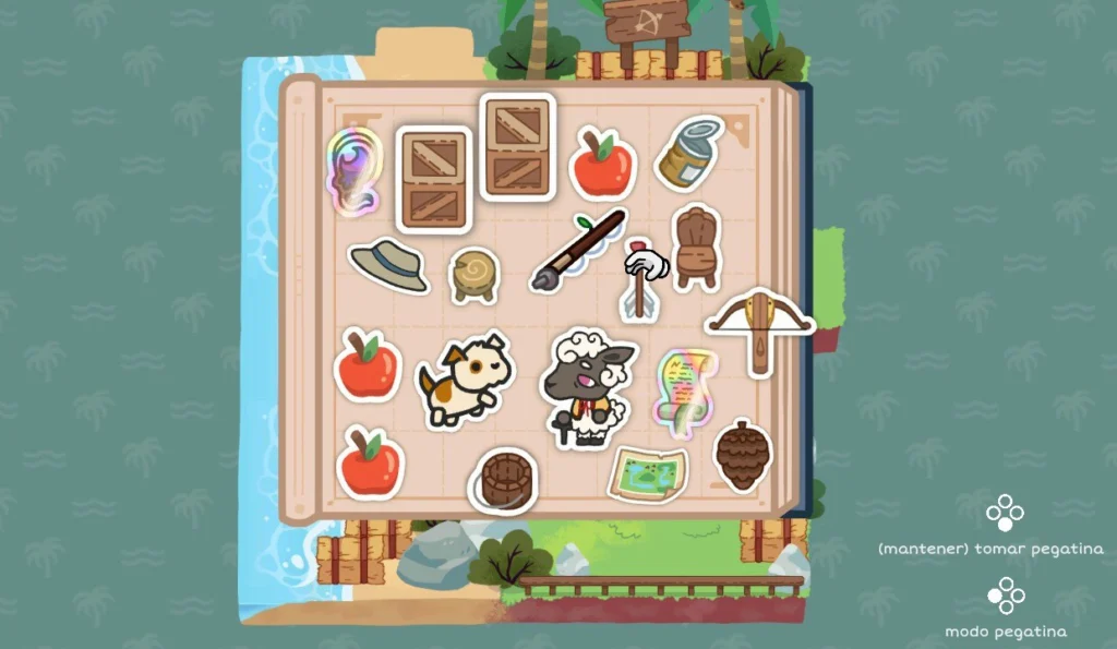 Análisis de A Tiny Sticker Tale 3 Álbum lleno de pegatinas: cajas, una caña de pescar, una ballesta, piña, un mapa, un cubo de madera... así como un perro y un hombre oveja.