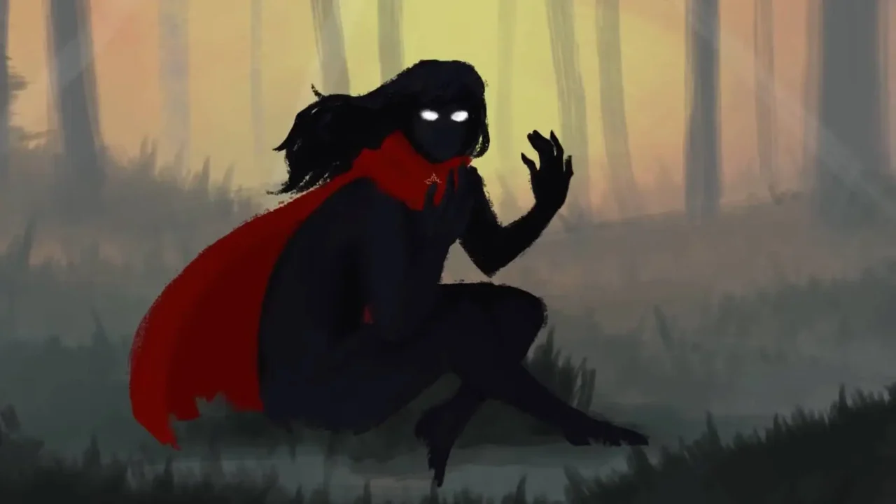 Portada de Noreya The Gold Project, donde vemos a la protagonista sentada sobre un campo oscuro y saludando a la cámara.