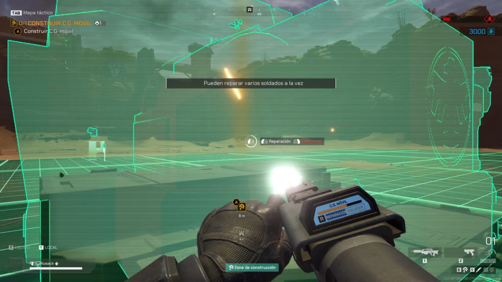 Starship Troopers: Extermination. Te analizamos cómo es destrozar a los bichos en la Federación 2 Captura de Starship Troopers: Extermination donde el jugador construye una estructura con un gadget que emite un rayo de color verde.
