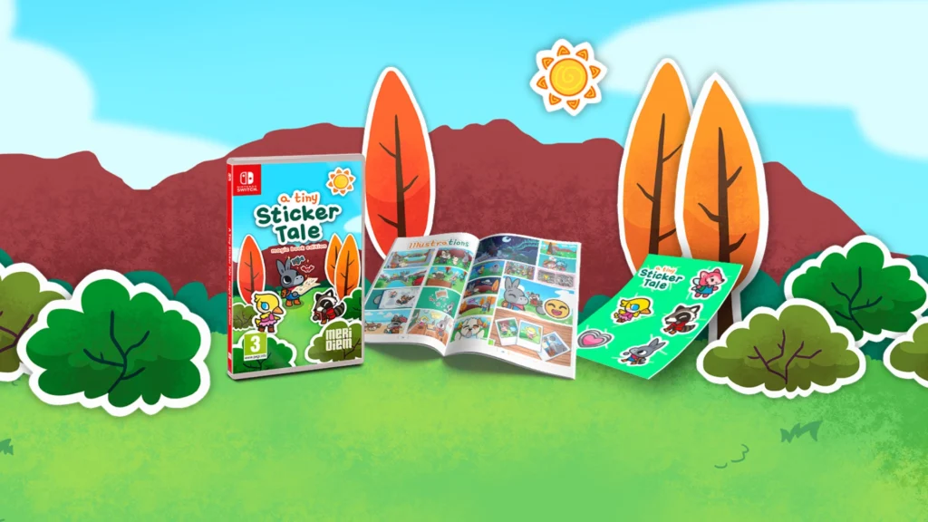 Análisis de A Tiny Sticker Tale 5 El juego de Switch al lado de un libro de ilustraciones y un set de pegatinas. Todo ello sobre un fondo con árboles y montañas sacados directamente del juego A Tiny Sticker Tale.