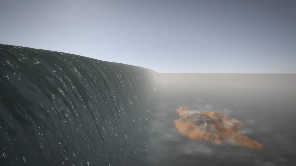 Análisis de Eden Crafters - Un juego de automatizar una terraformación 5 Un enorme tsunami se eleva miles de kilómetros y se acerca peligrosamente a mi isla de Eden Crafters.