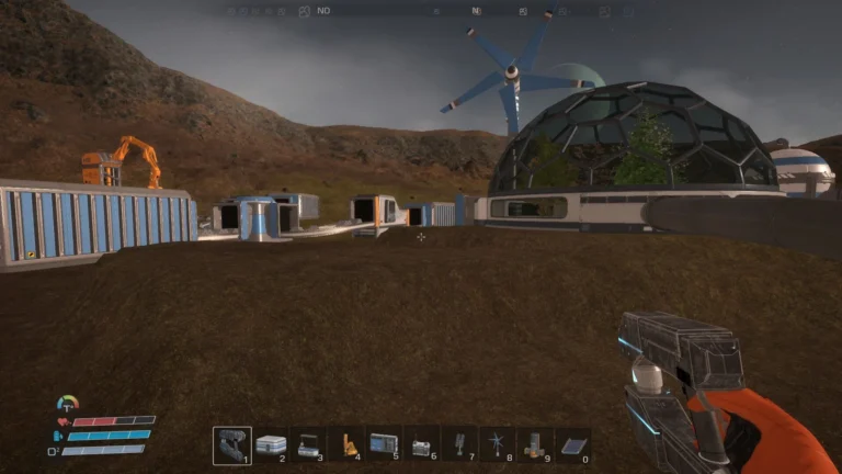 Planeta árido. Al fondo se observan construcciones, como una cúpula con árboles. Imagen de portada del análisis de Eden Crafters.