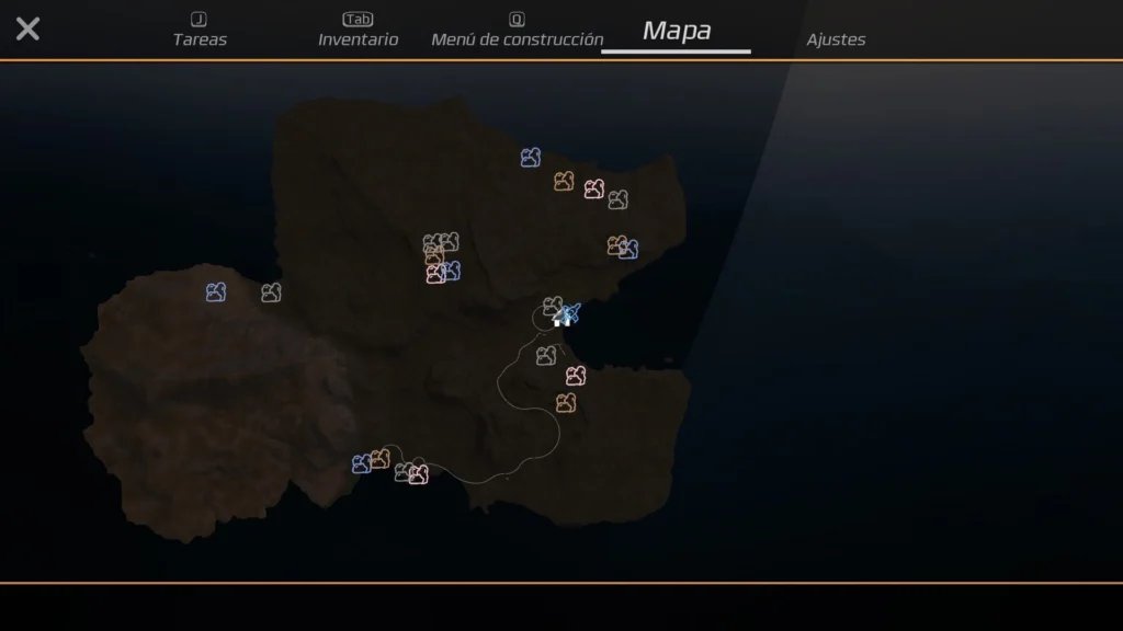 Análisis de Eden Crafters - Un juego de automatizar una terraformación 3 Mapa de la isla de Eden Crafters. Se ven iconos de yacimientos, en diferentes colores pero a la vez muy iguales.