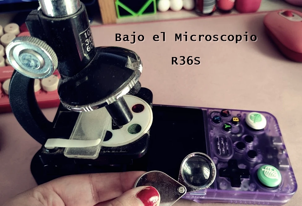 Consola R36S sometida a microscopio por la autora del texto.