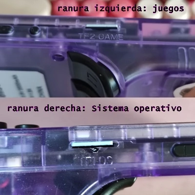 Consola R36S - metemos bajo el microscopio a la máquina del momento 3 Ranuras para tarjetas SD de la consola R36S. Arriba, la ranura izquierda es la de las roms, la de abajo, la de la derecha, es donde va el sistema operativo.