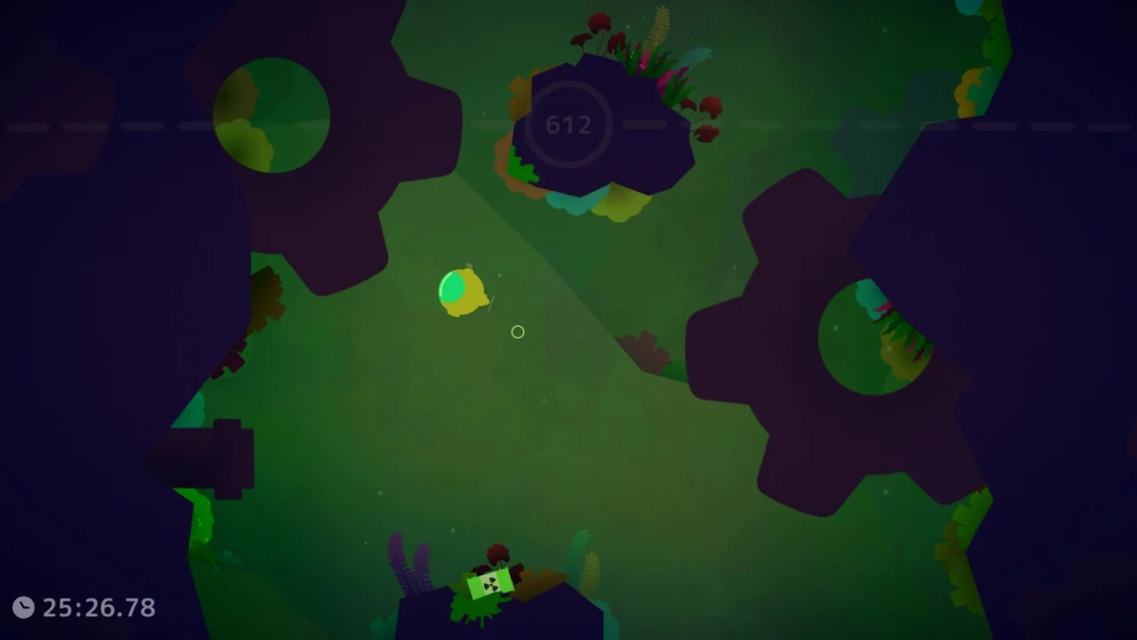 Un submarino amarillo en un escenario lleno de engranajes y accionamientos gigantes, abajo, sobre una roca, un barril radioactivo.