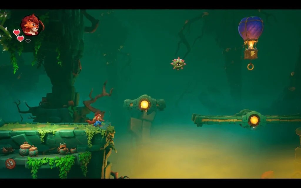 Captura de Nikoderiko en dos dimensiones donde el protagonista debe saltar para llegar a un globo violeta que contiene una caja con poderes en un escenario verde y repleto de plataformas.