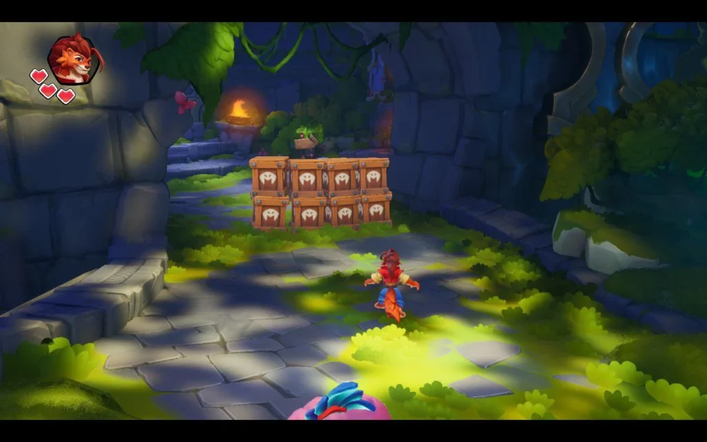 Captura de Nikoderiko donde vemos al protagonista en una cámara de tercera persona ante un grupo de cajas que debe romper para acceder a los objetos de su interior.