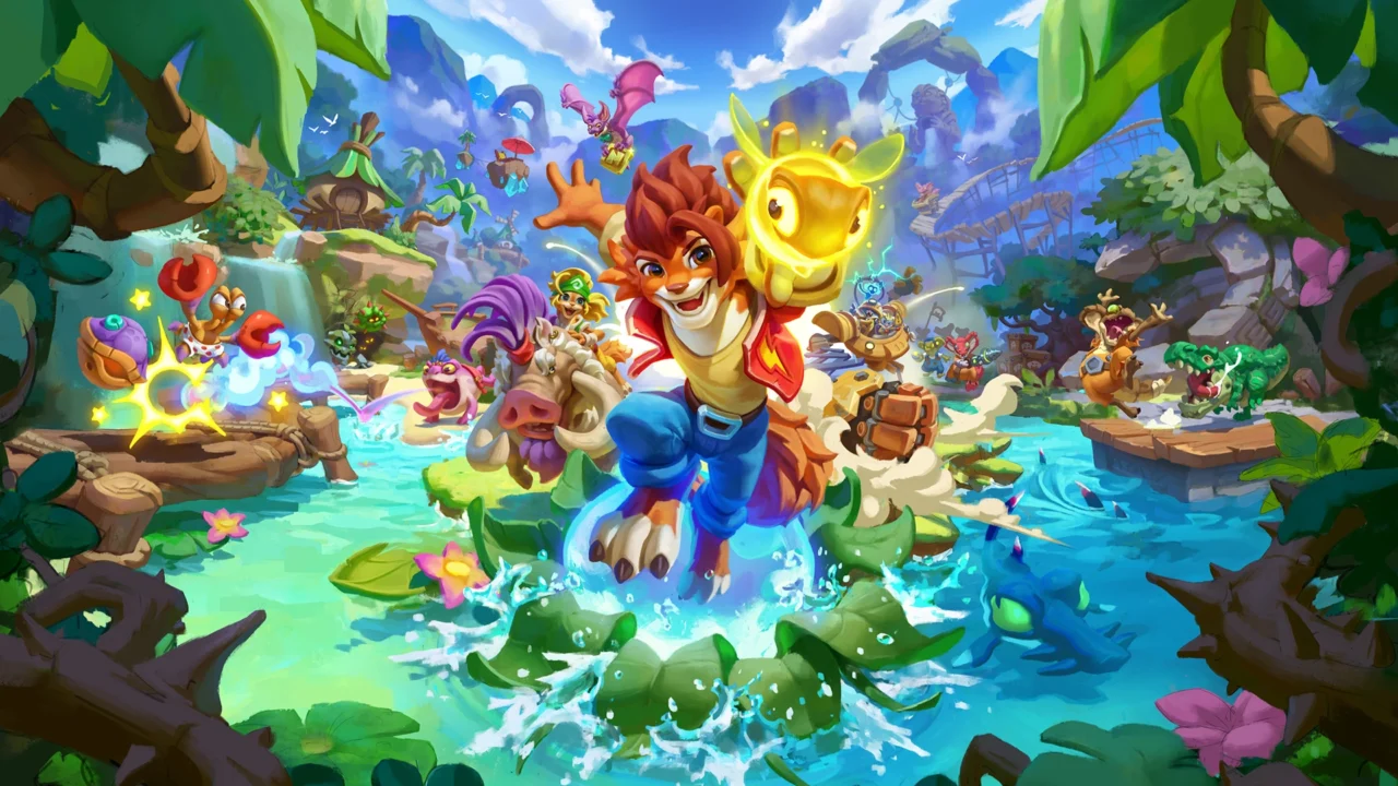 Portada de Nikoderiko donde vemos al protagonista dando un salto desde un mundo de fantasía colorido y plataformas.