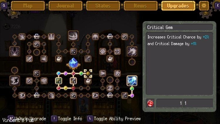 Gestalt: Steam & Cinder, un metroidvania algo especial 2 Menú de equipamiento de gemas de Gestalt: Steam & Cinder.
