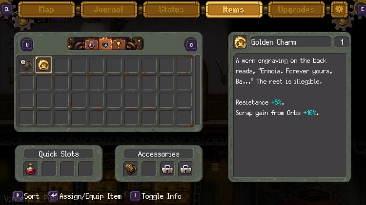 Gestalt: Steam & Cinder, un metroidvania algo especial 3 Menú de equipar objetos de Gestalt: Steam & Cinder.