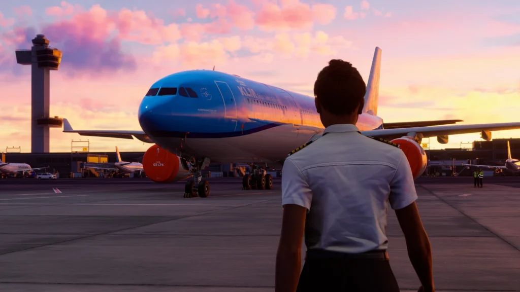 Una piloto dirigiéndose a su avión en Microsoft Flight Simulator 2024.