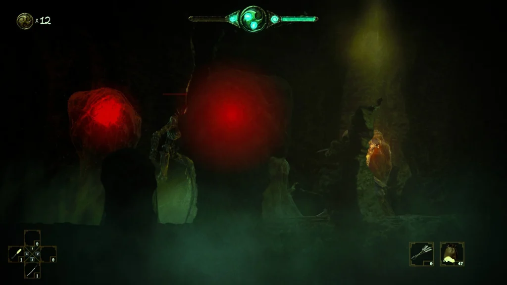 Captura del juego de samurais español The Spirit of the Samurai donde vemos una sección, algo oscura, con luces rojas al fondo y un jefe haciendo acto de aparición.