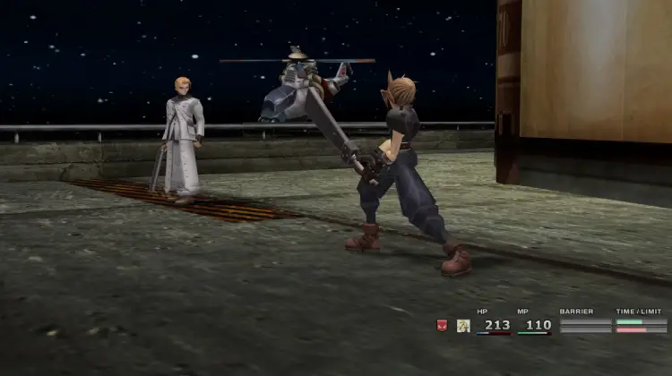 Combate de Final Fantasy VII donde vemos a Cloud enfrentándose a Rufus en el edificio Shinra.