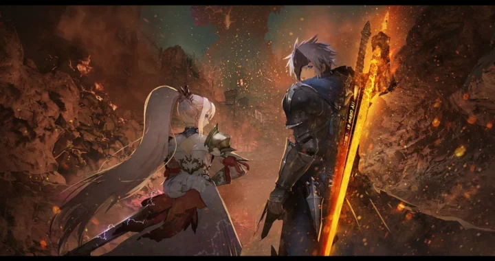 Shionne y Alphen de espaldas mirando un escenario borroso con escorias flotando.