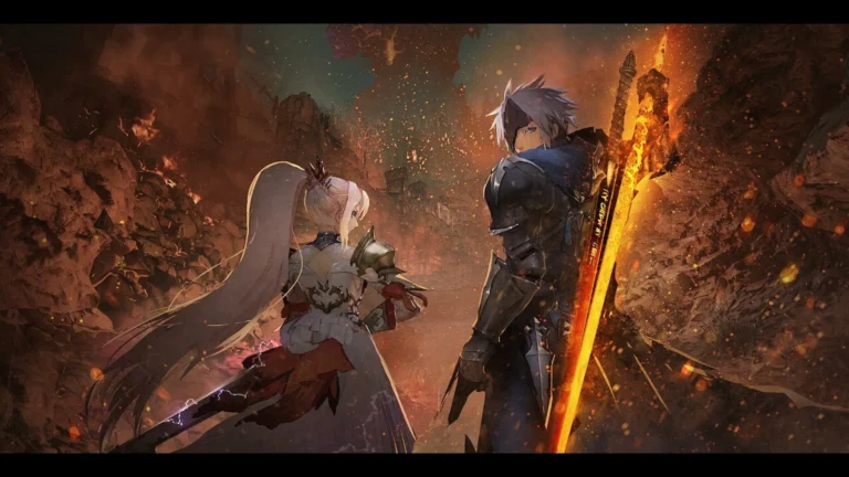 Shionne y Alphen de espaldas mirando un escenario borroso con escorias flotando.