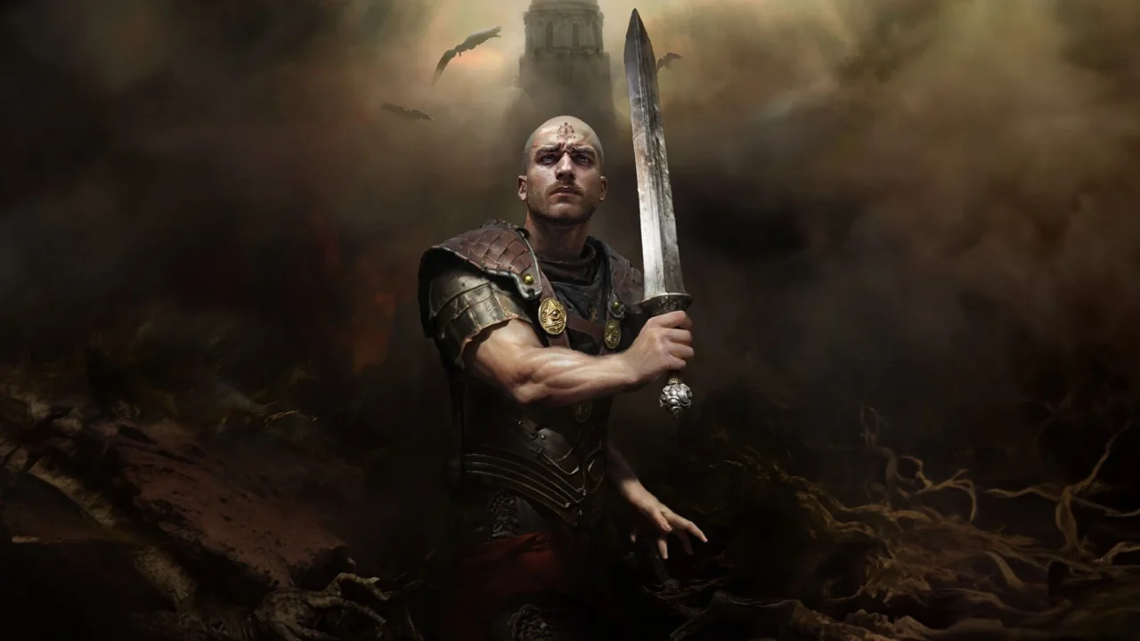 Portada de Sancticide, donde sale el protagonista portando una espada.