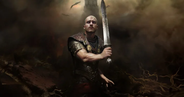 Portada de Sancticide, donde sale el protagonista portando una espada.