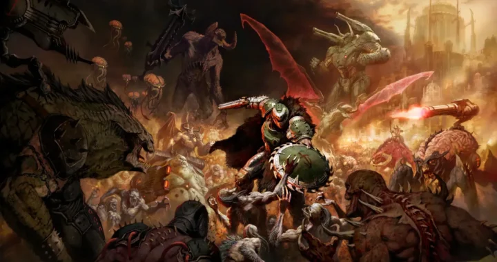Portada de Doom: The Dar Ages donde vemos a Doom Slayer luchar contra diferentes tipos de demonios en un escenario infernal.