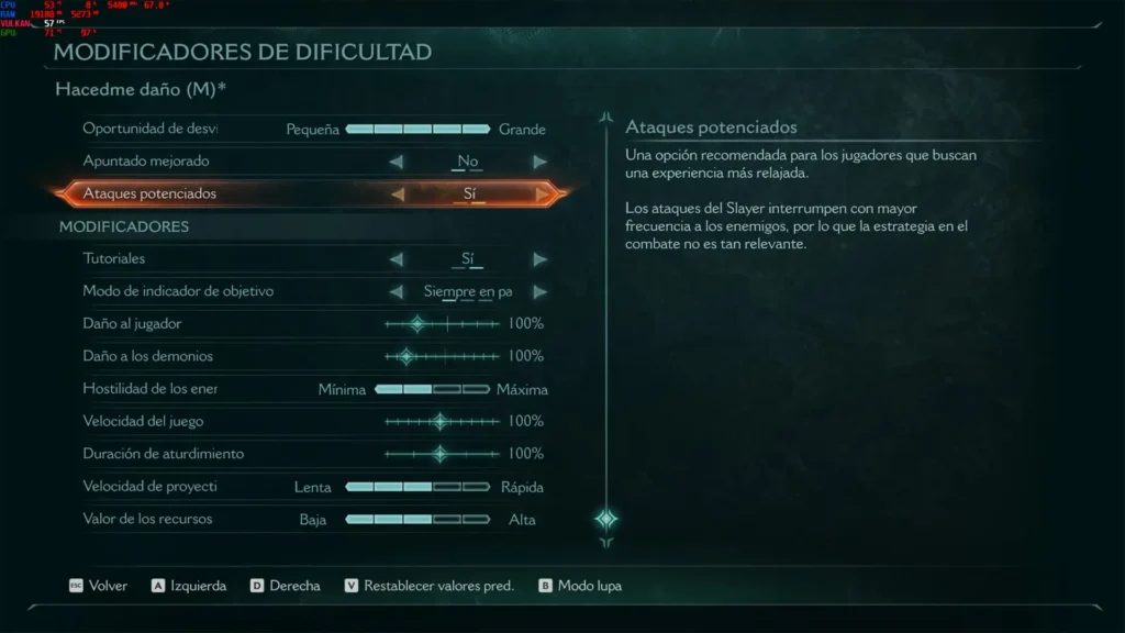 Slayer jubila su frenetismo a favor de los parrys y el escudo. Análisis Doom: The Dark Ages 5 Menú de Doom: The Dark Ages donde podemos modificar la dificultad del juego. Se ve una pantalla verde con distintos slides que el usuario puede alterar.