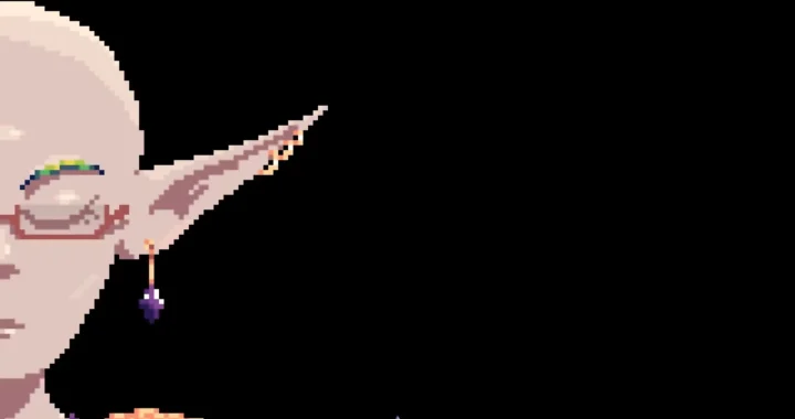 Una mujer elfa sin pelo, protagonista de Final Profit: A Shop RPG, con los ojos cerrados ante un fondo negro.