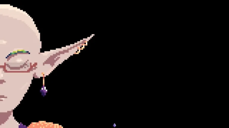 Una mujer elfa sin pelo, protagonista de Final Profit: A Shop RPG, con los ojos cerrados ante un fondo negro.