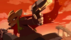 Análisis de Laika: Aged Through Blood 5 Personaje antropomórfico canino subido en una moto apuntando hacia atrás con un revolver en la mano.