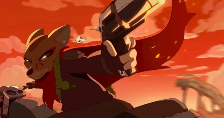 Personaje antropomórfico canino subido en una moto apuntando hacia atrás con un revolver en la mano.