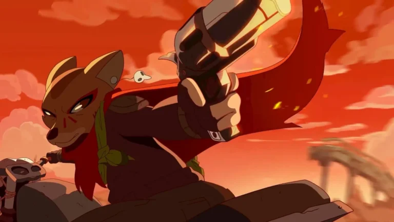 Personaje antropomórfico canino subido en una moto apuntando hacia atrás con un revolver en la mano.