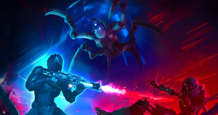 Un soldado disparando a otro con una criatura saltándole encima, sobre un fondo azul y rojo, en el videojuego Dead Zone: Rogue.