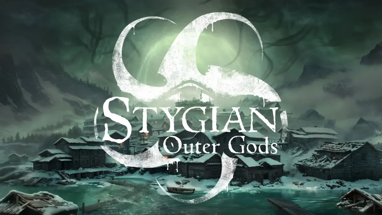 Portada de Stygian: Outer Gods donde vemos el logo del videojuego, formado por tentáculos blancos, sobre un pueblo costero bañado en una luz verde.