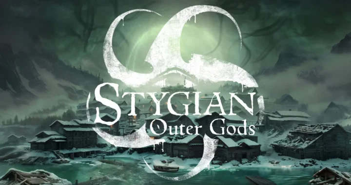 Portada de Stygian: Outer Gods donde vemos el logo del videojuego, formado por tentáculos blancos, sobre un pueblo costero bañado en una luz verde.