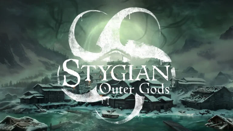 Portada de Stygian: Outer Gods donde vemos el logo del videojuego, formado por tentáculos blancos, sobre un pueblo costero bañado en una luz verde.