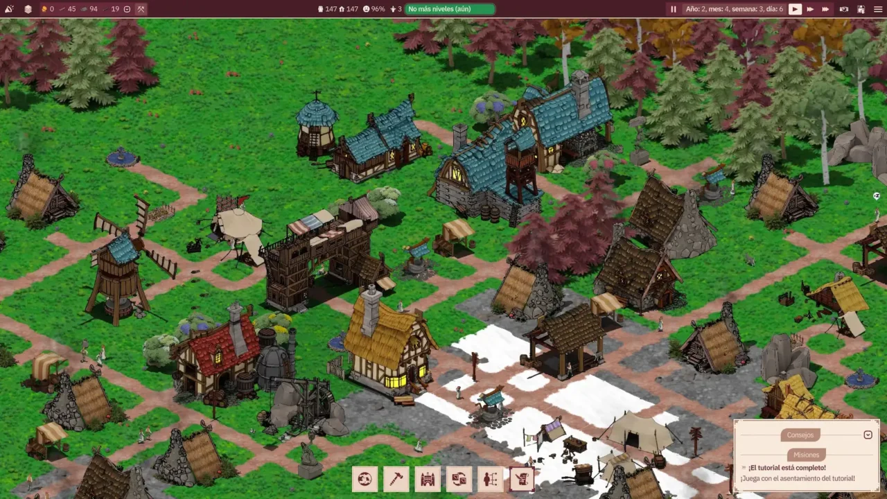 Captura del juego Folklands. Se ve una ciudad desde arriba, con alguna construcción a medias. Construcciones de piedra y madera.