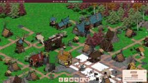 Análisis de Folklands 5 Captura del juego Folklands. Se ve una ciudad desde arriba, con alguna construcción a medias. Construcciones de piedra y madera.