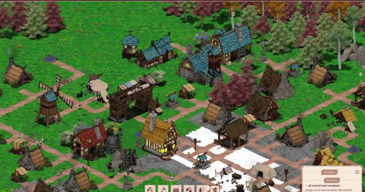 Captura del juego Folklands. Se ve una ciudad desde arriba, con alguna construcción a medias. Construcciones de piedra y madera.