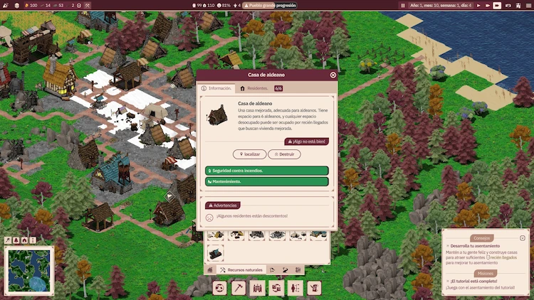 Análisis de Folklands 2 Captura del juego Folklands donde se ve información de una de las construcciones. Se indica, entre otras cosas, que los aldeanos están descontentos con ella.