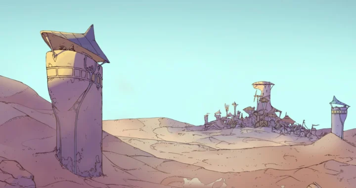 Imagen de portada de Synergy. Se ve un terreno desértico, un asentamiento al fondo y varias "torres", una en primer plano.