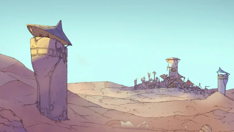 Imagen de portada de Synergy. Se ve un terreno desértico, un asentamiento al fondo y varias "torres", una en primer plano.